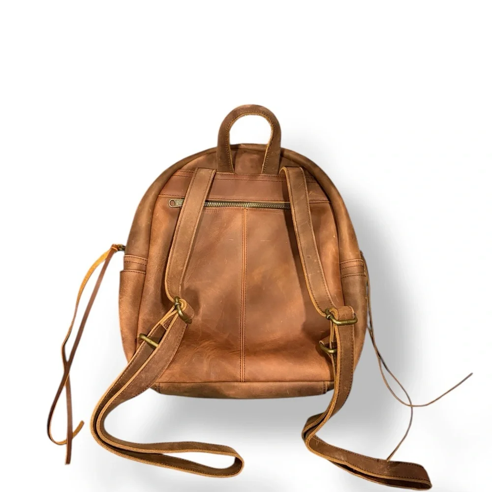 Vintage Brown Leather Backpack - Branded Logo